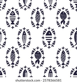 cute fish in seaweed frames. Kids background. Seamless pattern. Can be used in textile industry, paper, background, scrapbooking.