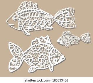 Cute fish set, detailed lace pattern, hand-drawn artwork, isolated white elements on beige background