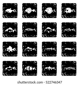 Cute fish set icons in grunge style isolated on white background. Vector illustration