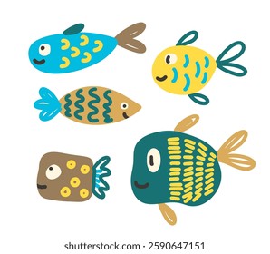 Cute fish set for kids design with colorful cartoon style vector illustration