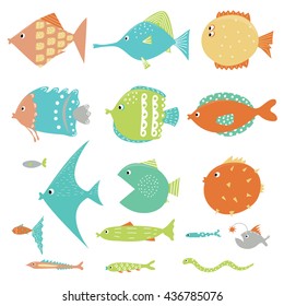 Cute fish set. Vector illustration. Isolated on white background.