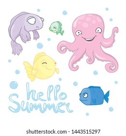 Cute fish set, vector, sea, creatures, illustration