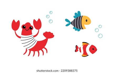 Cute Fish and Shrimp as Sea Animal in Striped Vest Floating Underwater Vector Set