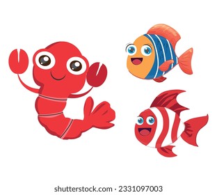 Cute Fish and Shrimp as Sea Animal in Striped Vest Floating Underwater Vector Set.