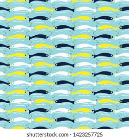 Cute fish silhouette horizontal stripe cartoon seamless vector pattern. Hand drawn ocean life tile. All over print for marine fishing blog, nautical graphic, school of sardines home decor.