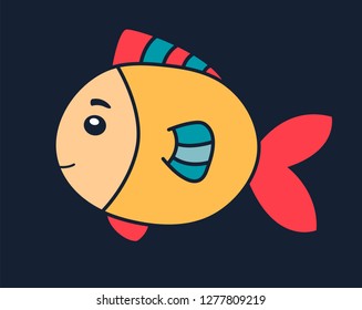 
Cute fish with a smile on a dark background, vector cartoon illustration
