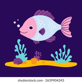 Cute Fish Swimming on seabed with algae on dark blue background. Vector illustration in flat style. Kids collection