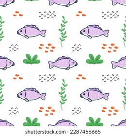 Cute fish swims in ocean. Seamless pattern for sewing children clothing. Printing on fabric and packaging paper. Seabed.