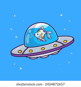 Cute Fish In Ufo Flying Cartoon Vector Icon Illustration. Animal Science Icon Concept Isolated Premium Vector. Flat Cartoon Style