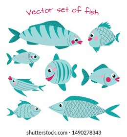 Cute fish vector collection in cartoon style. Great design for any purposes. Objects isolated on a white background.