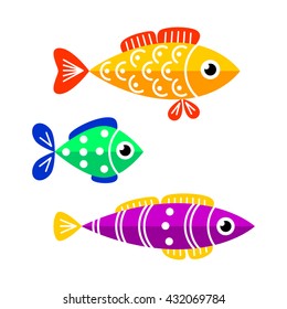 Cute fish vector illustration. Fish flat style vector illustration. Fish isolated. Tropical fish, sea fish, aquarium fish set isolated on white background. Sea color flat design fish
