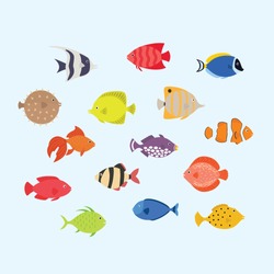 Joli Poisson, Illustration Vectorielle Ensemble D'icônes. Poissons Tropicaux, Poissons De Mer, Poissons D'aquarium