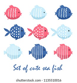 Cute fish vector illustration icons set. Tropical fish, sea fish, aquarium fish