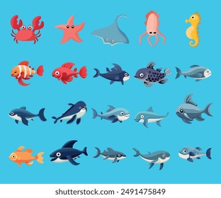 Cute fish vector illustration icons set. Tropical fish, sea fish