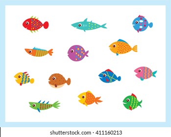 Cute fish vector illustration icons set. Fish flat style vector illustration. Fish icons isolated. Tropical fish, sea fish, aquarium fish set isolated on white background. Sea color flat design fish