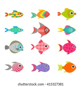 Cute fish vector illustration icons set. Fish flat style vector illustration. 