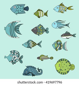 Cute fish vector illustration icons set.  