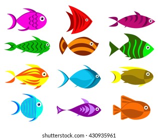Cute fish vector illustration icons set. Fish flat style vector illustration. Fish icons isolated. Tropical fish, sea fish, aquarium fish set isolated on white background. Sea color flat design fish