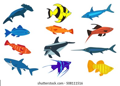 Cute fish vector illustration icons set. Fish flat style vector illustration. Fish icons isolated. Tropical fish, sea fish, aquarium fish set isolated on white background. Sea color flat design fish