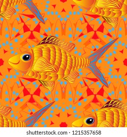 Cute fish vector seamless pattern. Tropical fish, sea, aquarium fishes. Nice fish in blue, orange and yellow colors.