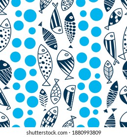 Cute fish. Vector seamless pattern. Cheerful polka dot vector seamless pattern. Can be used in textile industry, paper, background, scrapbooking.