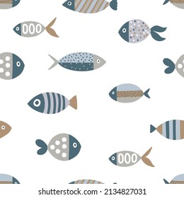 Cute fish. Vector seamless pattern with white fish on blue background and red hearts. Can be used for fabrics, textiles, scrapbooking and backgrounds.