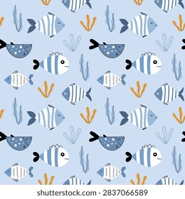Cute fish vector seamless pattern with sea plants and coral on light blue background for nursery decor, baby boy clothing, and ocean wallpaper.