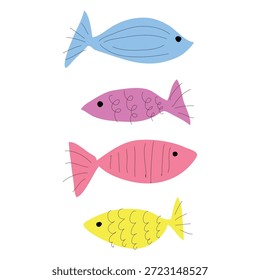 Conjunto de Vector de pescado lindo, coloridos animales marinos dibujados a mano, ilustración marina de dibujos animados simples