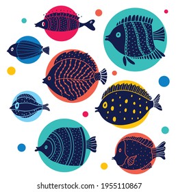 Cute fish vector set. Decorative illustration. Coloring.