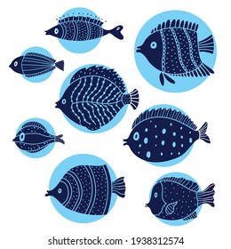 Cute fish vector set and polka dot. Decorative illustration.