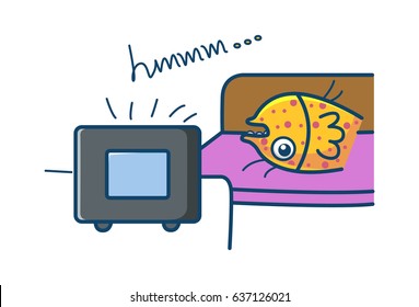 Cute Fish watching television. Vector illustration. Isolated on white background.