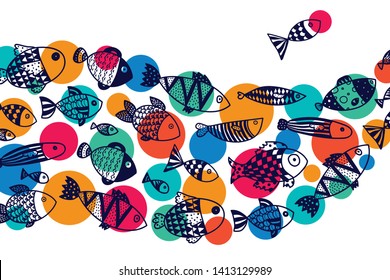 Cute fish. Wave. Vector sea poster.