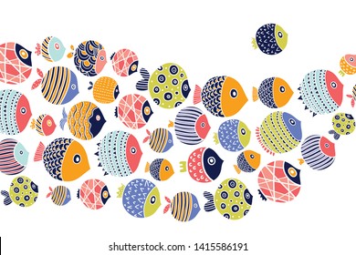 Cute fish. Wave. Vector sea poster.