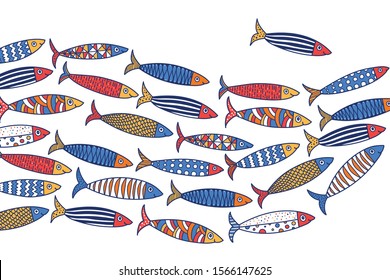 Cute Fish. Wave. Vector Sea Poster. School Of Fish.