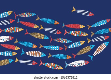 Cute Fish. Wave. Vector Sea Poster.