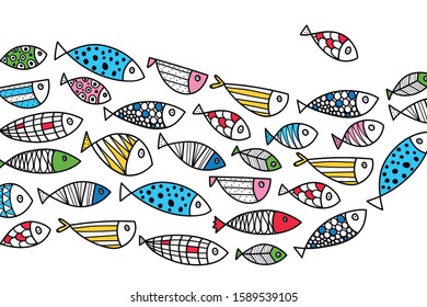 Cute fish. Wave. Vector sea poster.