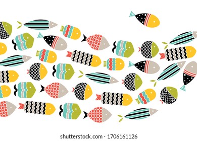 Pescado comido. Ola. Afiche marino vector.
