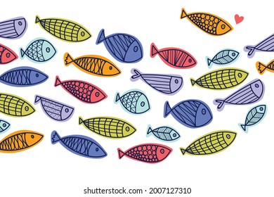 Cute fish wave. Vector sea poster.