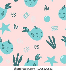 cute fish whale vector seamless pattern with seaweed, stars, doodles. hand drawn. illustration for childrens wallpaper, wrapping paper, textiles. blue, green. marine animal, sea