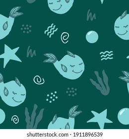 lindo vector de ballena de pescado patrón sin fisuras con algas marinas, estrellas, garabatos. dibujado a mano. ilustración para niños papel tapiz, papel de embalaje, textiles. azul, verde. animal marino, mar