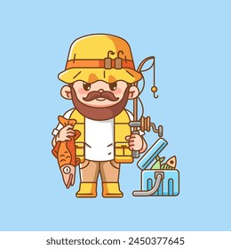 Cute fisher fishing catch kawaii chibi character mascot illustration outline style design