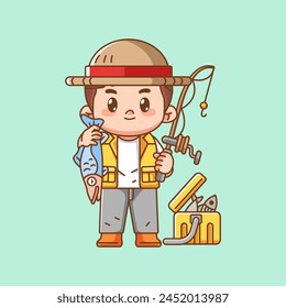 Cute fisher show fishing kawaii chibi character mascot illustration outline style design set