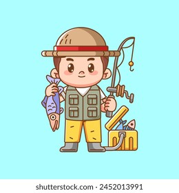 Cute fisher show off fishing kawaii chibi character mascot illustration outline style design set