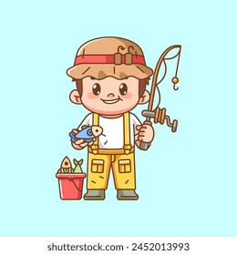 Cute fisher shows fishing kawaii chibi character mascot illustration outline style design set