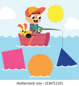 Dibujo vectorial de un niño pescador lindo sobre el tema de las formas para los niños