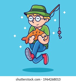 Pescador lindo con rosa gracioso. Ilustración de iconos vectores, vector premium aislado