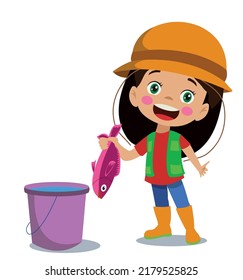 cute fisherman girl is fishing with a hook