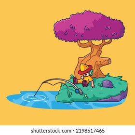 cute fisherman sleeping under tree. Isolated cartoon person illustration. Flat Style Sticker element vector