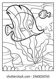 Cute fishes black and white cartoon vector illustration with underwater background for coloring page.