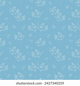 Cute Fishes and Bubbles Seamless Vector Pattern. Blue Background for Kids with Fish Line Art. Sea Animals.